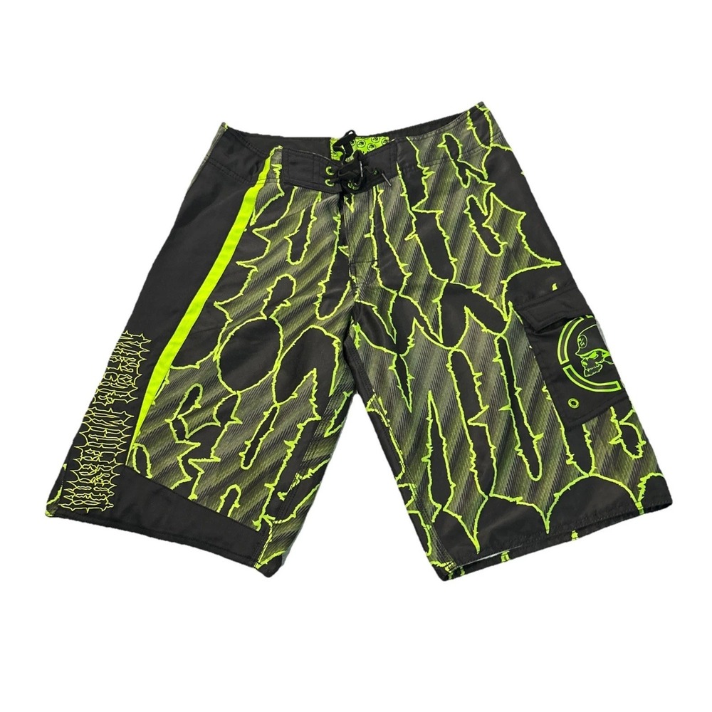Metal Mulisha Skull Board Shorts Men's Black Green Embroidered Size 31 Y2K‎